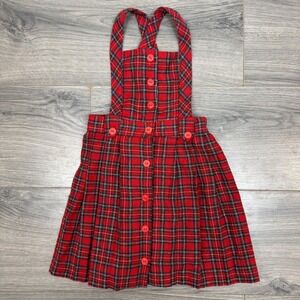 Vtg Her Majesty Girls Red Tartan Suspender Dress Size 4 Wool Blend Pleated USA